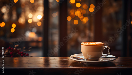 This beautiful photograph of a coffee shop captures a cozy shelf and table setup, which would be ideal for a cafe or restaurant decor, The bokeh effect in the background gives a magical touch