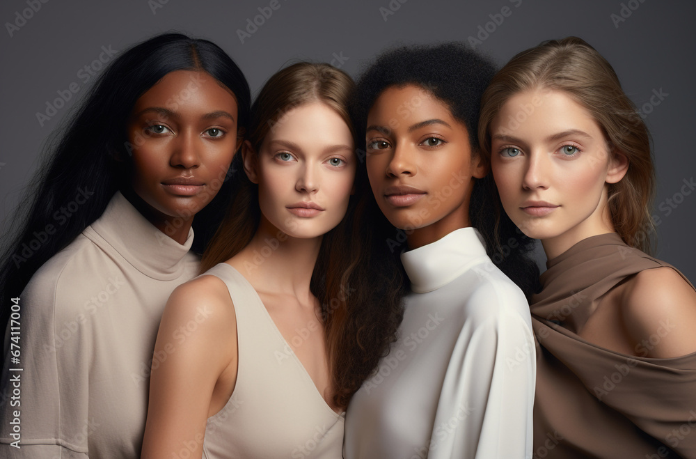 Obraz premium Beautiful young multiethnic women with natural makeup. Advertising for Fashion, Woman Rights, Beauty Salon, Cosmetics, face and body skin care.