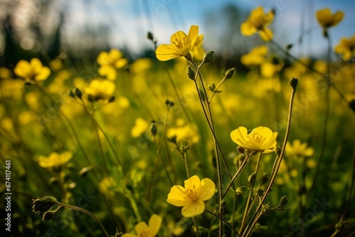 Yellow spring flowers in a field. Generative AI