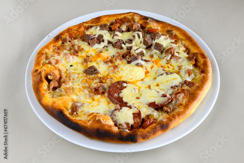 Delicious mixed pizza with rich content. Menu concept of choice and diversity. Pepperoni, Formaggi, Veggie, Karisik pizza