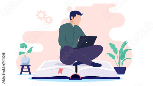 Male student working on computer - Young person with laptop sitting on big book studying, doing school work and taking education class online. Flat design vector illustration with white background