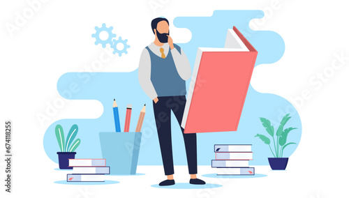 Man learning and reading book - Adult person standing concentrated while gaining knowledge and taking education. Flat design vector illustration with white background