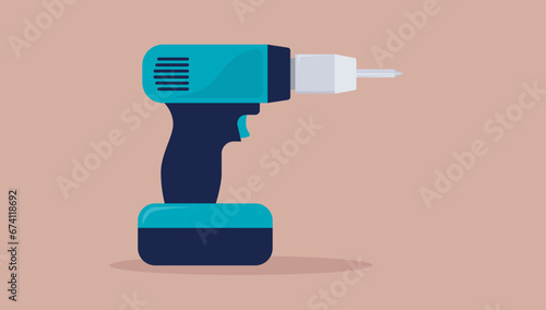 Electric drill vector illustration - Carpenter hand tool graphic object in flat design with beige background