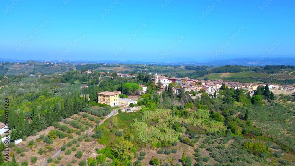 Unbelievable aerial view flight drone Tuscany Medieval Village hill Olive farmer Unbelievable aerial view flight drone Tuscany Medieval Village hill Olive farmer