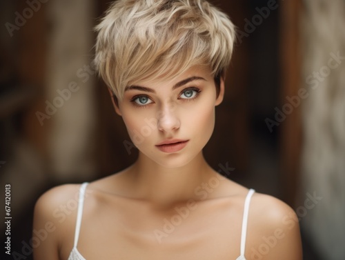 Beautiful blonde woman with blue eyes with a fashionable pixie haircut in the office. Women's beauty and fashion.