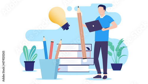 Student and education concept - Young male person standing with computer and pencil in front of school books ready toto learn and be educated. Flat design vector illustration with white background