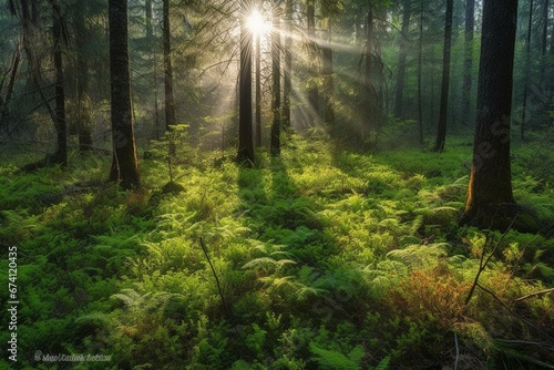 Morning sun illuminates tranquil forest  exuding serenity. Generative AI