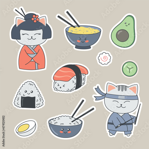 Colorful cartoon cute kawaii style stickers, emblems with cat in kimono, ninja, rice, noodles, avocado, onigiri, nigiri, sushi. Flat Vector Illustration EPS10