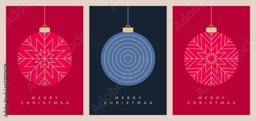 Christmas Card Design Template. Festive Christmas Greeting Card Designs with Bauble Decorations. Xmas Cards with Christmas Balls and Merry Christmas Text. 