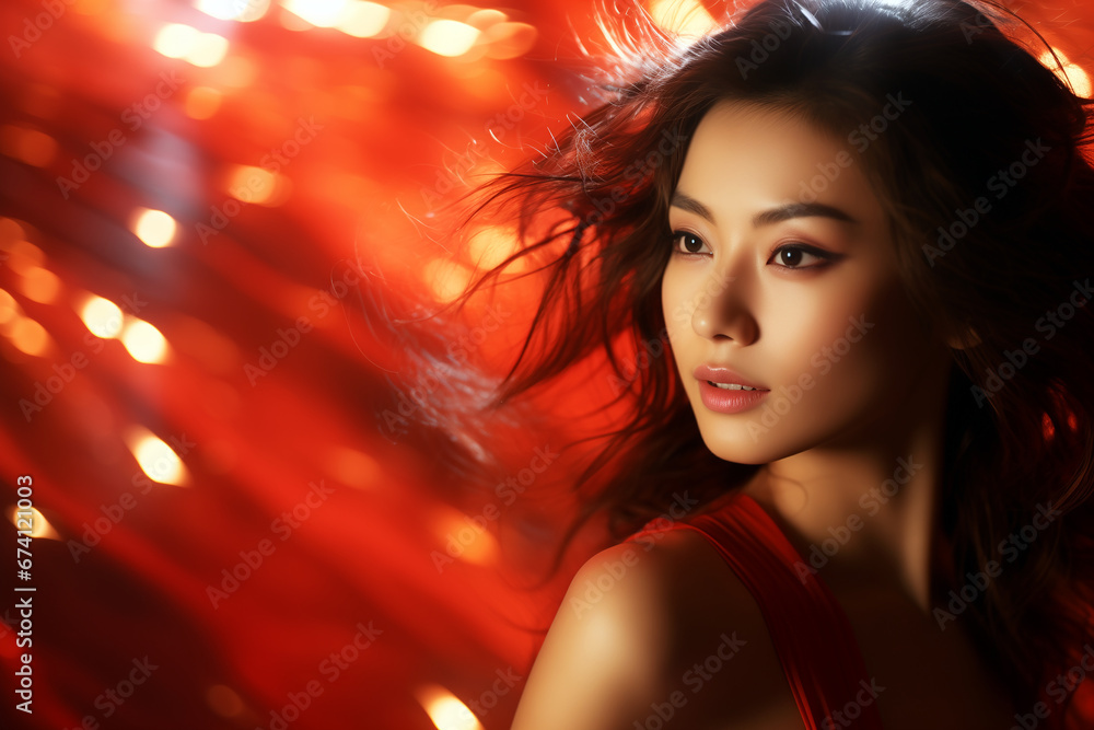 beautiful and young asian woman on action pose.