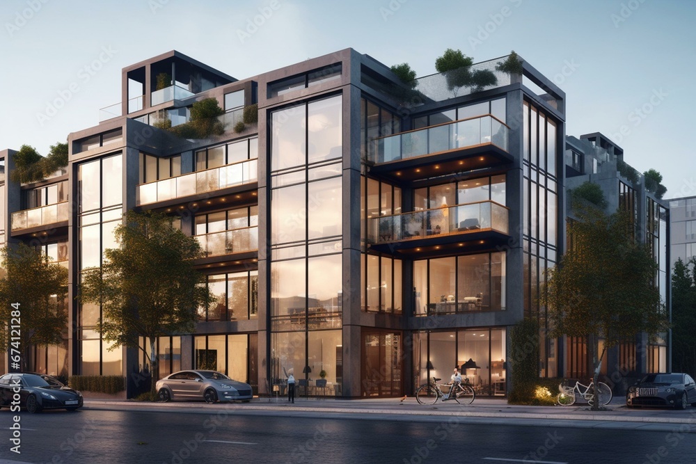 Contemporary apartment building with modern architecture and retail base featuring large windows. Generative AI