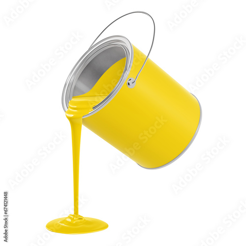 A image of a Yellow Metal Bucket Pouring Yellow Paint isolated on a white background