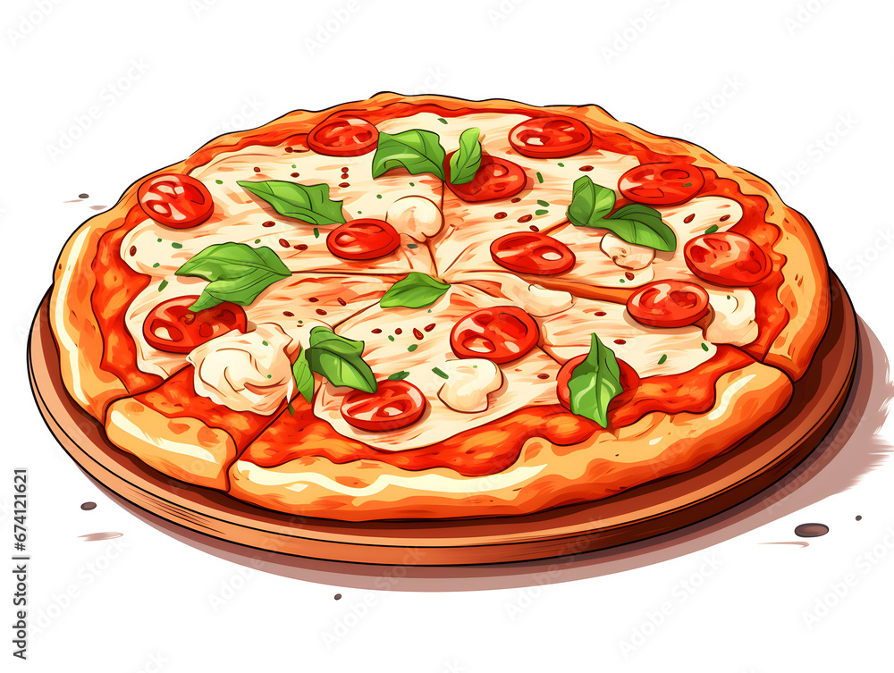 A mouth-watering illustration of a classic Margherita pizza with fresh tomato slices, melted mozzarella, and basil on a thin crust. A mouth-watering illustration of a classic Margherita pizza with fresh tomato slices, melted mozzarella, and basil on a thin crust.