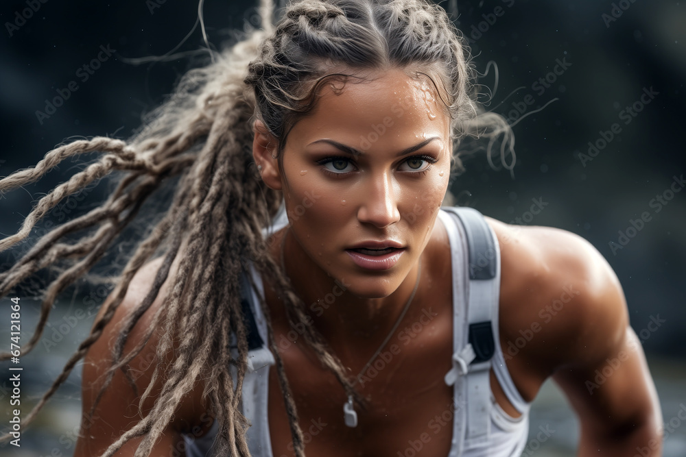 athletic blonde fitness modell with dreadlocks doing exercises outdoors in summer. athletic blonde fitness modell with dreadlocks doing exercises outdoors in summer.