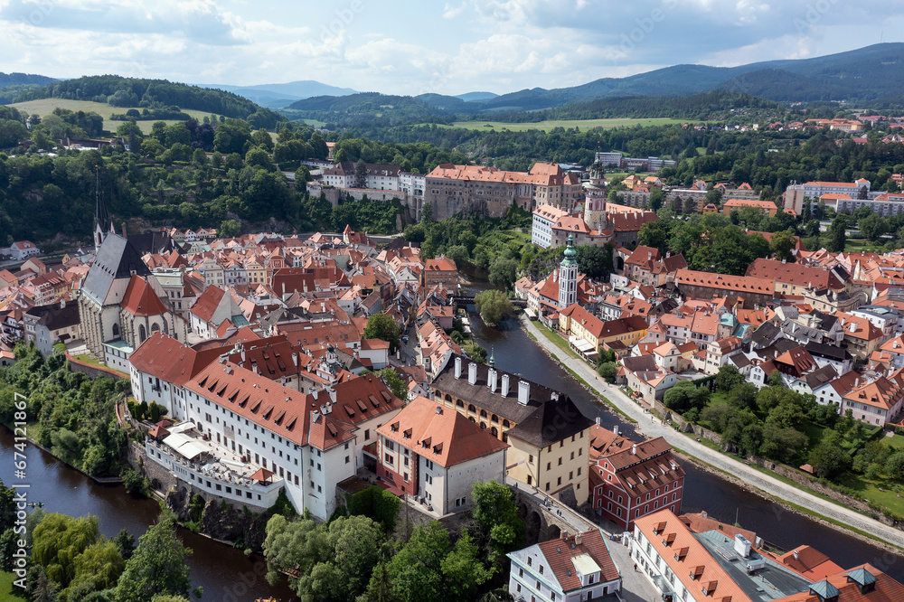 The historical part of Cesky Krumlov with Vltava river in summer time, UNESCO heritage in Bohemia. Czech Republic
