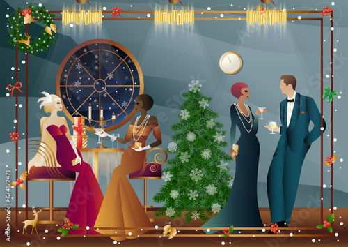 Well dressed human near a decorated Christmas tree with friends on New Year s Eve in a luxury restaurant or at home. Concept for holiday, winter holidays, New Year, Christmas