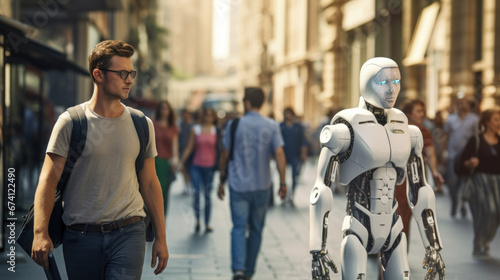 Employee robot walking with peoples. humanoid AI robot crossing street. future automation job. © zayatssv