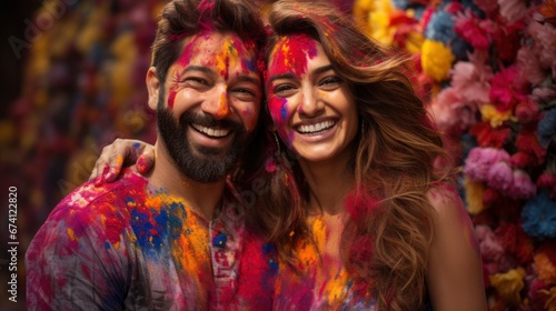 Indian Couple Celebrating Holi Colour Splash, Bright Background, Background Hd © Alex Cuong