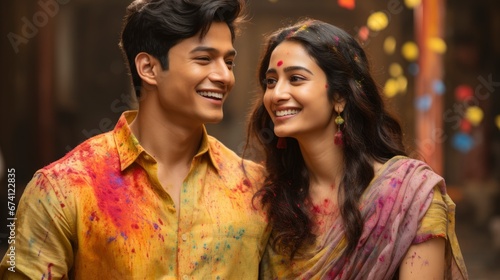 Indian Couple Celebrating Holi Colour Splash, Bright Background, Background Hd