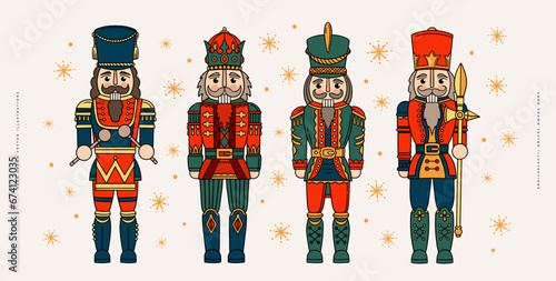 Collection of colorful Nutcrackers in traditional costumes. Vintage wooden toys from Germany. Design element for New Year and Christmas decoration. Vector illustration.