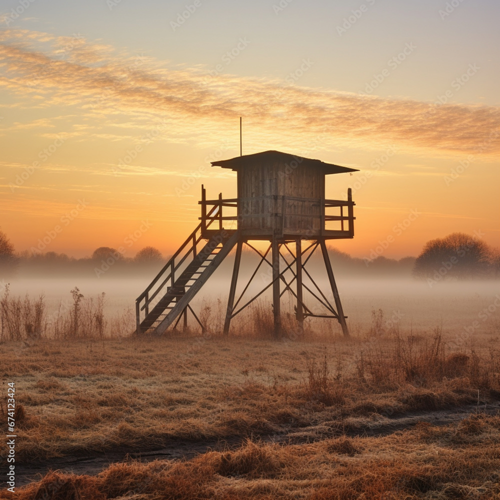 hunting pulpit on a field at dawn