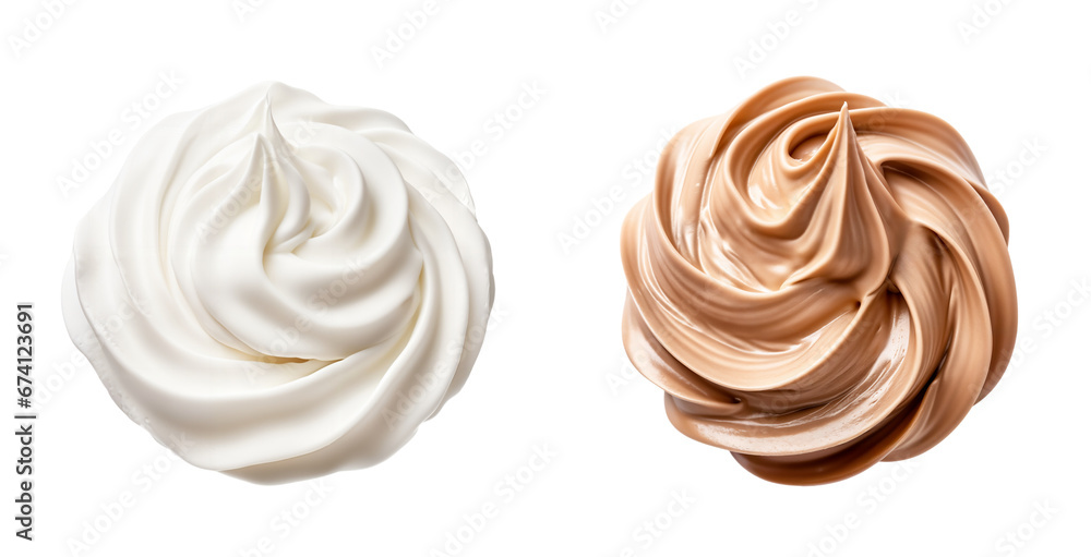 Whipped cream top view png, isolated on transparent background, delicious white and brown chocolate ice cream hd - obrazy, fototapety, plakaty 