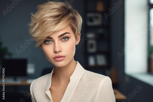 Beautiful blonde woman with blue eyes with a fashionable pixie haircut in the office. Women s beauty and fashion.