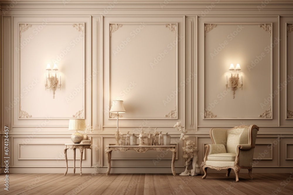 Beige traditional room with decorative wall panel. 3D visualization.​. Generative AI