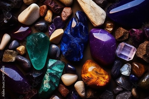 Gemstones, minerals, chakra stones, herbs, witchcraft, herbal medicine, healing, reiki, crystal, spiritual. Generative AI