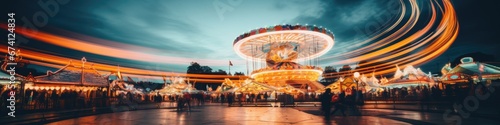 Amusement park in the evening. Long exposure, motion blur. Rest, holidays and entertainment. photo