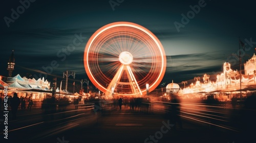 Amusement park in the evening. Long exposure, motion blur. Rest, holidays and entertainment.
