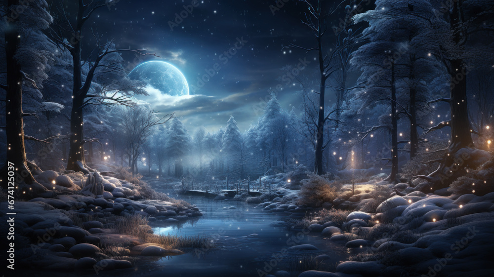 Magical winter forest at Christmas night, landscape with lights, snow and moon. Fairy tale snowy woods. Theme of New Year holiday, wonderland, fairytale nature, xmas
