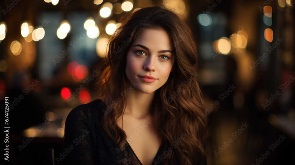 Beauty woman wearing party dress in restaurant, adult girl sits in bar or cafe with dark interior. Portrait of young female person on blurry background. Concept of fashion, night
