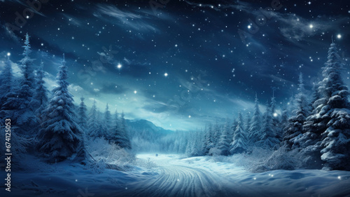 Snowy road in winter forest at Christmas night, dreamy landscape with magical lights, snow and starry sky. Fairy tale woods background. Theme of New Year holiday, wonderland, nature