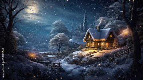 House decorated for Christmas in winter forest at night  landscape with lights  moon  snow and trees. Lone hut in snowy woods. Theme of New Year holiday  magic  fairy tale nature  xmas