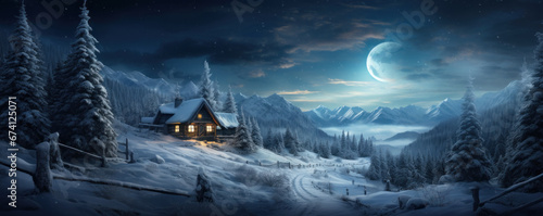 Lone house in winter woods at Christmas night, landscape with road, moon, snow and trees. Hut in lights in snowy forest. Theme of New Year holiday, magic, fairy tale nature, mountain, xmas © scaliger