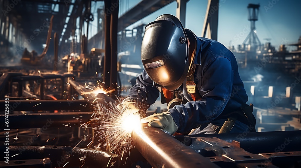 A skilled specialized worker in welding is repairing metal structures on an offshore oil plant