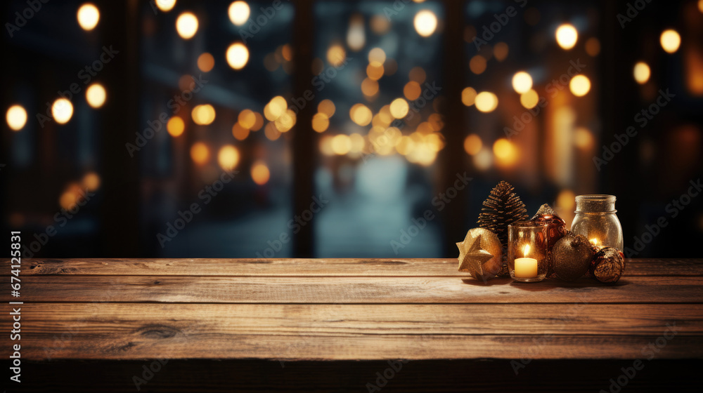 Empty wooden table with Christmas theme in the background Empty wooden table with Christmas theme in the background