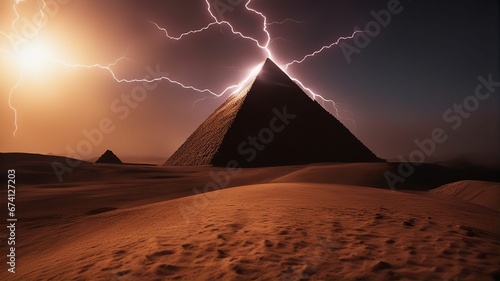 sunset over the desert dusk pyramid lightning
