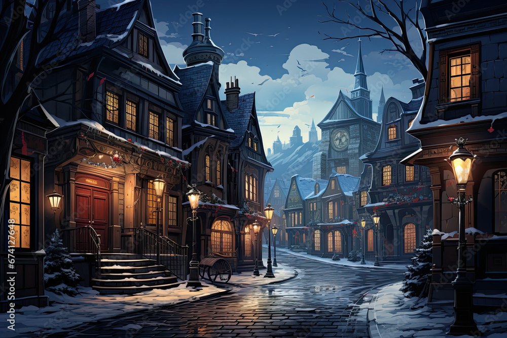Obraz premium Fabulous illustration of a winter street of a romantic city with Gothic houses elegantly decorated for Christmas