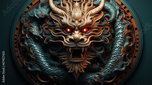 Carved green wooden amulet in the form of a dragon with red sinister glowing eyes on a dark background