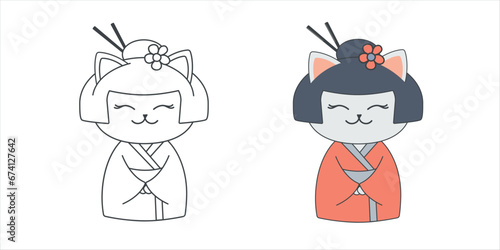 Funny cute drawn cat in red kimono for Japanese restaurant, coloring book for kids. Cartoon vector illustration EPS10
