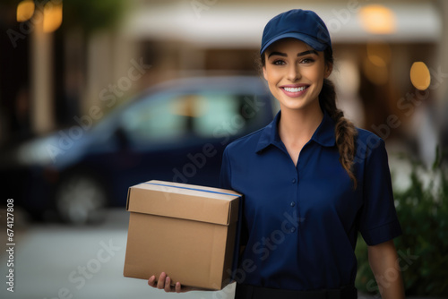 Friendly smiling woman in a postman's uniform with a parcel. Mail, delivery, parcel.