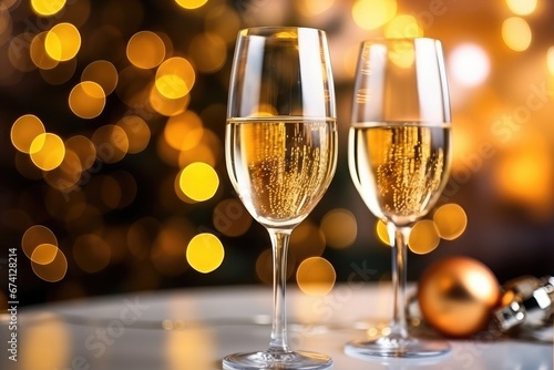 Glasses of champagne stand on a glass table against a Christmas tree and a background of holiday golden bokeh lights. New Year's Eve, Christmas celebrations