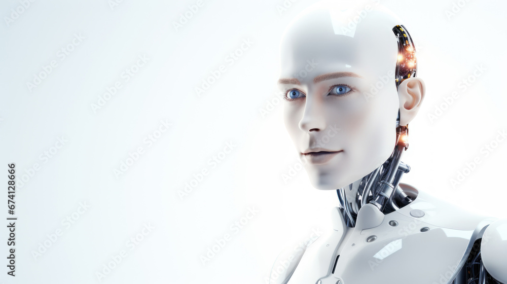 Female robot face closeup on white blurred digital background. Artificial intelligence in virtual reality. Robot head conceptual design closeup portrait. - obrazy, fototapety, plakaty 