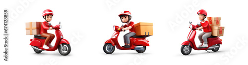 icon collection of delivery motorbike or scooter driver with courier box on back going fast to deliver online order express service isolated on png transparent cutout background © sizsus