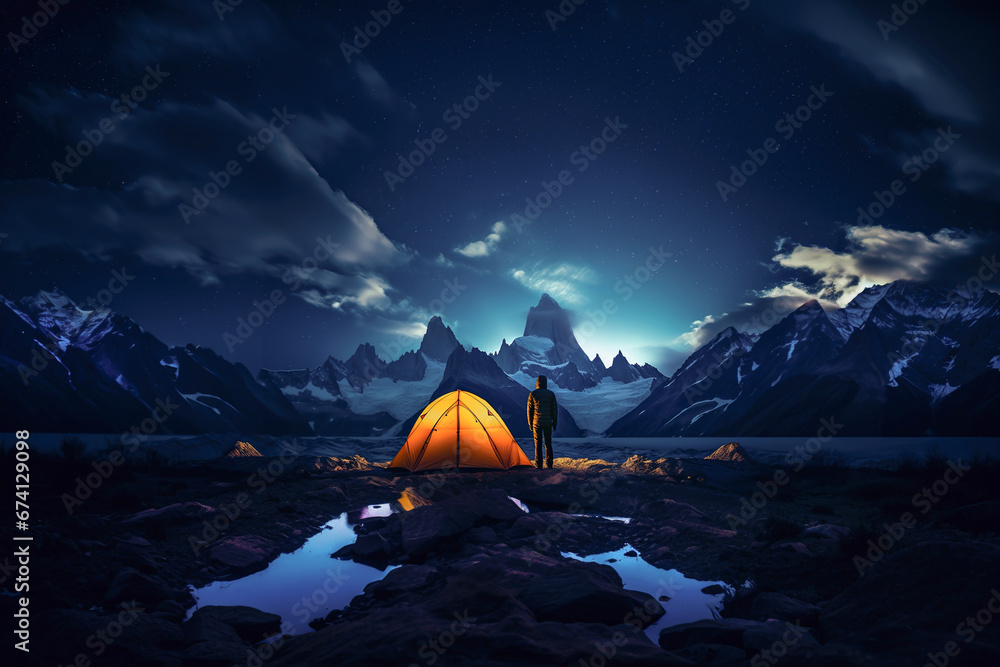 Person standing next to a tent at night looking at amazing scenery of Torres del Paine rocky peaks Person standing next to a tent at night looking at amazing scenery of Torres del Paine rocky peaks