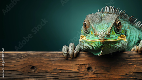 Portrait of green iguana looking at camera. Free space for text. AI generated content. 