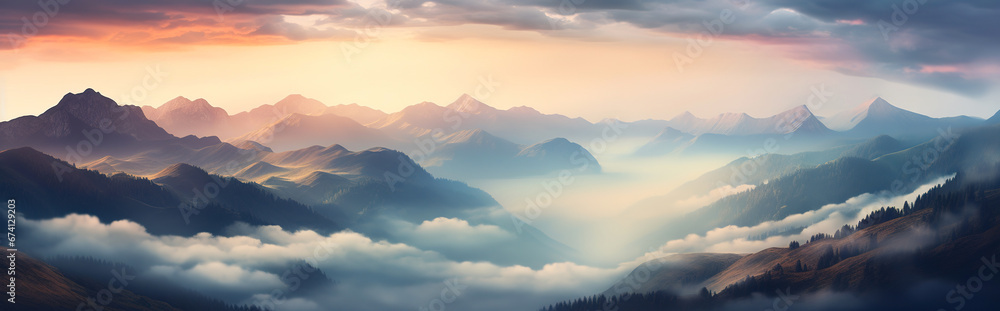Stunning aerial panoramic shot of mountains in misty morning