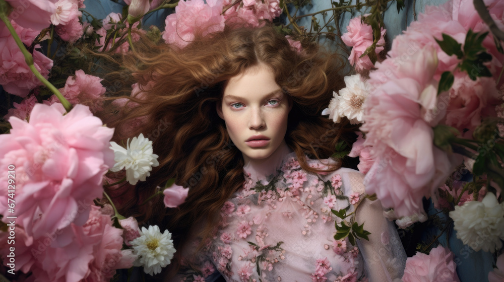 Fashion portrait of a woman with flowers. Pink tones, old-fashioned. Fashion portrait of a woman with flowers. Pink tones, old-fashioned.